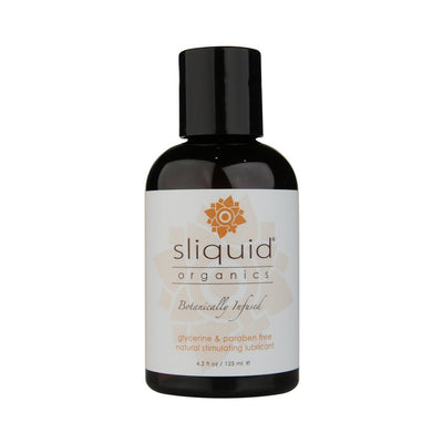 Bottle of Sliquid Organics Sensation warming lubricant with white label and black cap, 4.2 fl oz size.