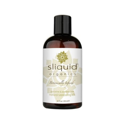 Bottle of Sliquid Organics Silk natural, glycerin and paraben-free personal lubricant with botanical infusion.