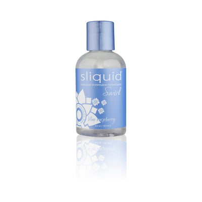 Sliquid Swirl natural intimate lubricant bottle in blue raspberry flavor with blue label and cap, 4.2oz size.