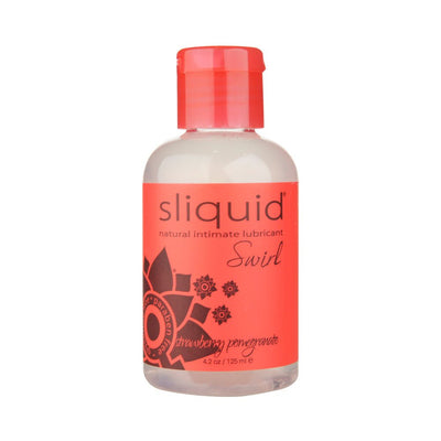 Bottle of Sliquid Swirl natural intimate lubricant in strawberry pomegranate flavor, 4.2 oz with red label and cap.