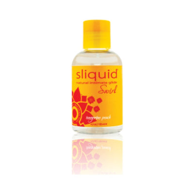 Sliquid Swirl natural intimate lubricant bottle with yellow and orange label, 4.2oz size, pineapple peach scent