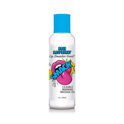 Bottle of Smack Blue Raspberry lickable warming massage oil with bright blue cap and colorful label design.
