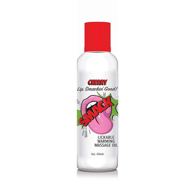 Bottle of Smack Cherry flavored lickable warming massage oil with red cap and playful tongue graphic on label.