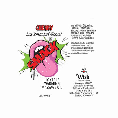 Cherry flavor label for Smack lickable warming massage oil with ingredients and usage warnings.