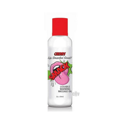 Cherry flavored Smack lickable warming massage oil in a clear 2 oz bottle with red cap and playful label design.