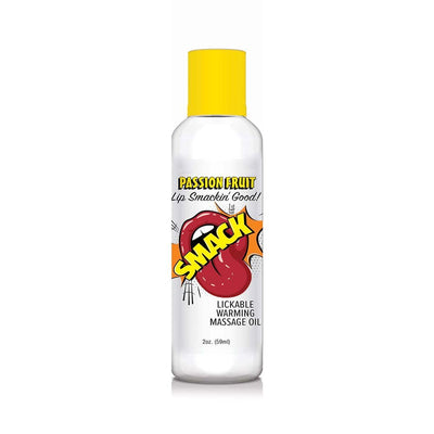 Bottle of Smack Passion Fruit flavored lickable warming massage oil with yellow cap and playful label design.