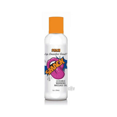 Smack Peach flavored lickable warming massage oil in a 2 oz clear bottle with orange cap and colorful label design.