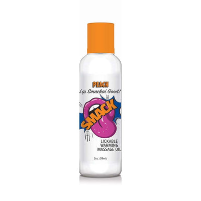 Smack Peach flavored lickable warming massage oil in a 2 oz clear bottle with orange cap and colorful label design.