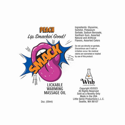 Peach flavored Smack lickable warming massage oil label with playful tongue graphic and product details.