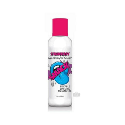 Strawberry flavored Smack lickable warming massage oil in a clear 2 oz bottle with bright pink cap and playful label design.