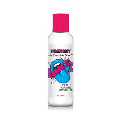 Bottle of Smack Strawberry flavored lickable warming massage oil with bright pink cap and colorful label design.