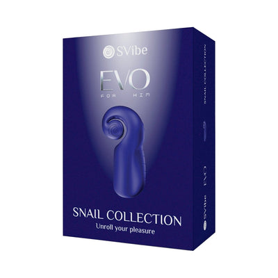Packaging box of Snail Vibe Evo rechargeable male pleasure device in deep blue with product image and branding.