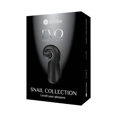 Packaging box of Snail Vibe Evo rechargeable male masturbator from the Snail Collection in black with silver text.