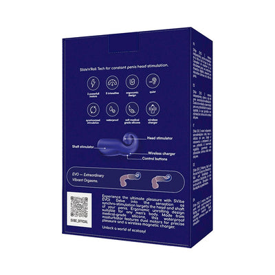 Packaging box of Snail Vibe Evo showing product features and diagram of shaft and head stimulators.