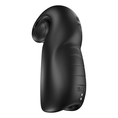 Black ergonomic Snail Vibe Evo rechargeable male pleasure device with spiral detail and textured grip.
