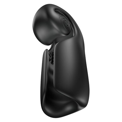 Black ergonomic Snail Vibe Evo rechargeable male masturbator with textured interior and curved design.