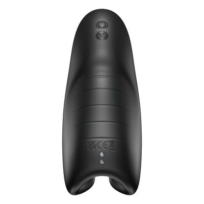 Top view of the sleek black Snail Vibe Evo rechargeable male pleasure device with control buttons and ergonomic design.