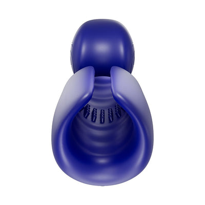 Blue ergonomic Snail Vibe Evo rechargeable male masturbator with textured interior and flexible opening.