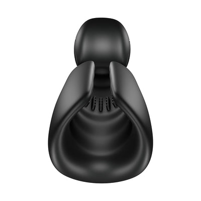 Black ergonomic Snail Vibe Evo rechargeable male masturbator with textured interior and flexible sides.