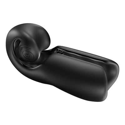 Black ergonomic Snail Vibe Evo rechargeable male pleasure device with spiral detail and smooth finish.