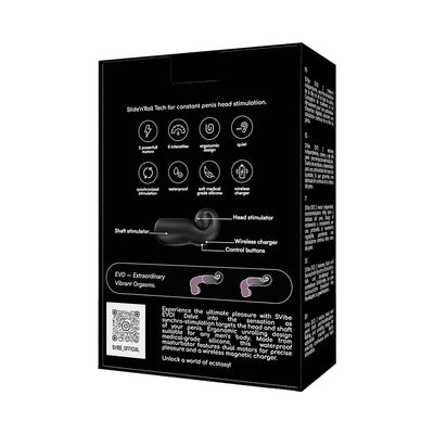 Black packaging box of Snail Vibe Evo with product features and diagram showing head and shaft stimulators and wireless charger.