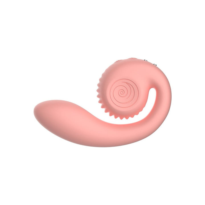 Pink ergonomic dual stimulation vibrator with a curved shaft and textured spiral head for targeted pleasure.