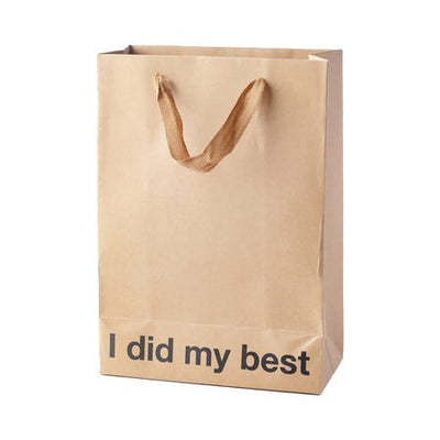 Brown kraft gift bag with brown ribbon handles and the phrase I did my best printed on the front bottom.