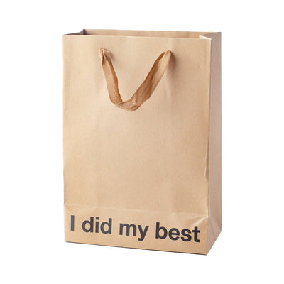 Brown kraft gift bag with brown ribbon handles and bold black text reading I did my best at the bottom front.