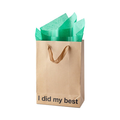 Brown kraft gift bag with brown ribbon handles and green tissue paper, printed with I did my best text at the bottom