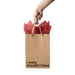 Hand holding kraft gift bag with brown ribbon handles and red tissue paper, text reads I really shouldn't have