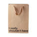 Kraft paper gift bag with brown ribbon handles and bold black text reading I really shouldn't have on front.
