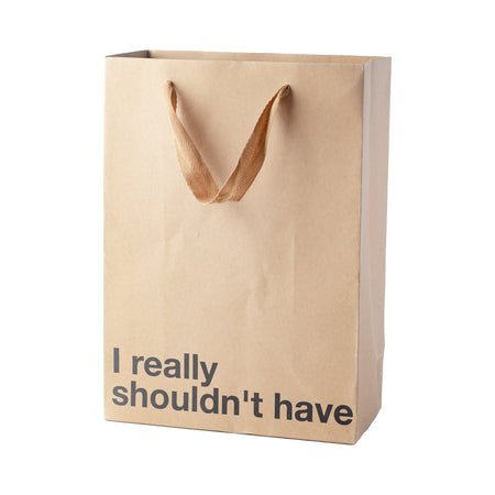 Kraft paper gift bag with brown ribbon handles and "I really shouldn't have" printed in black text.