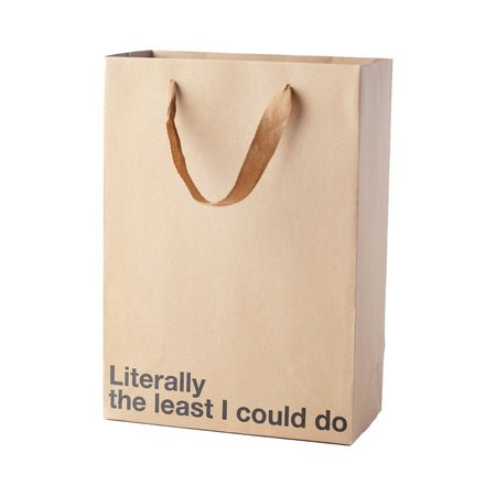 Kraft paper gift bag with brown ribbon handles and the phrase literally the least I could do printed on the front.