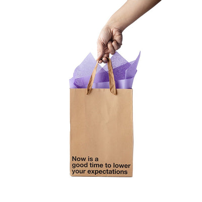 Hand holding a kraft gift bag with brown ribbon handles and purple tissue paper, printed with "Now is a good time to lower your expectations" text.