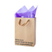 Kraft gift bag with brown ribbon handles and purple tissue paper, printed with "Now is a good time to lower your expectations" text.