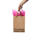 Hand holding a kraft gift bag with brown ribbon handles and pink tissue paper, featuring the phrase This present doesn't suck.