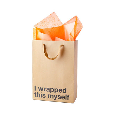 Kraft gift bag with brown ribbon handles and orange tissue paper, printed with "I wrapped this myself" text.