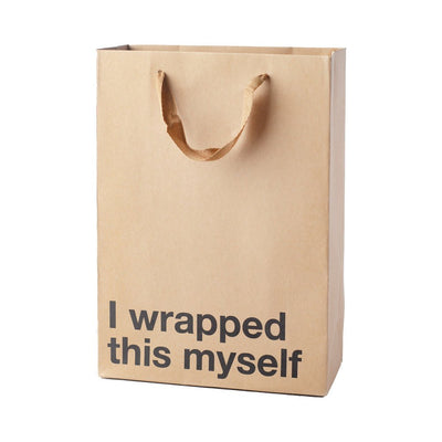 Kraft paper gift bag with brown ribbon handles and bold black text reading I wrapped this myself.
