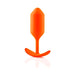 Orange seamless silicone weighted snug plug with flexible neck and smooth grip handle on white background.
