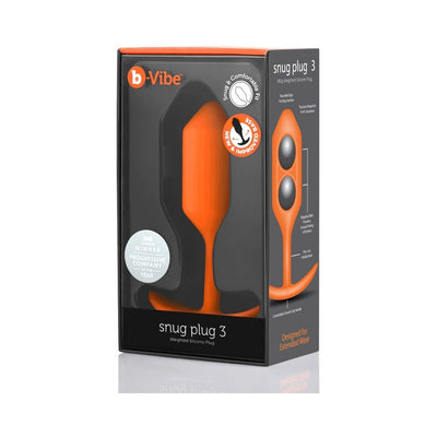 b-Vibe Snug Plug 3 weighted silicone plug in orange with ergonomic design in black and orange retail packaging