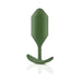 Olive green weighted silicone butt plug with smooth tapered tip and curved base for comfortable wear.