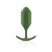 Green silicone weighted snug plug with tapered tip and curved base on white background