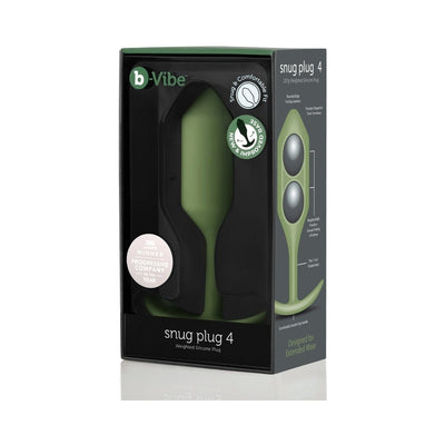 b-Vibe Snug Plug 4 weighted silicone plug in olive green with ergonomic shape, displayed in black and green retail packaging.