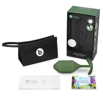 b-Vibe Weighted Snug Plug 4 in olive green with black storage pouch, user guide, and colorful Guide to Anal Play booklet.