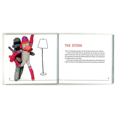 Open book showing sock monkeys demonstrating "The Stork" position with playful illustration of a lamp on the left page.