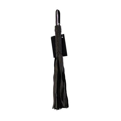 Black soft leather flogger with multiple tails and wrapped handle against a white background.
