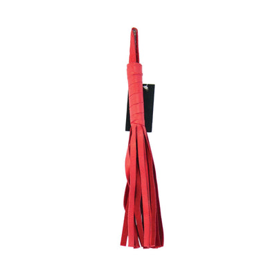 Red soft leather flogger with multiple tails and wrapped handle for gentle playful sensation.
