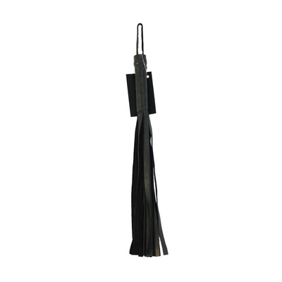 Black soft leather flogger with multiple strips and wrapped handle, designed for gentle playful use.