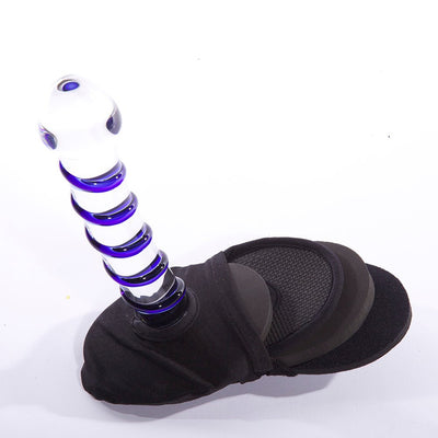 Black Spareparts Base Stabilizer Large attached to a clear glass dildo with blue accents on a white background.