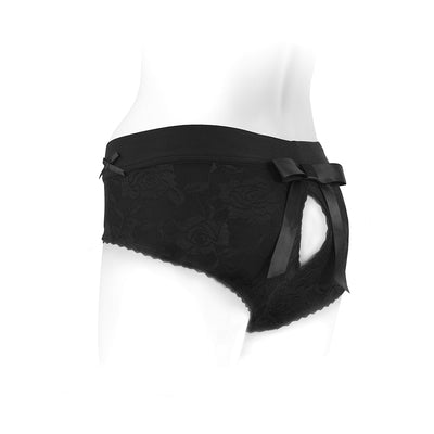 Black lace booty short harness with open back and decorative satin bow detail on a white mannequin.